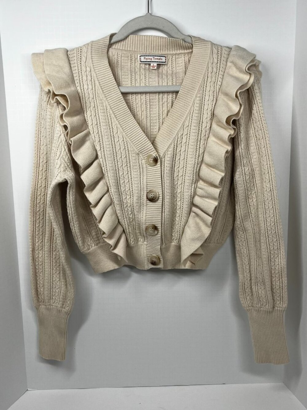 Flying Tomato Cream V-Neck Cropped Cable Knit and Ruffled Cardigan Sweater, Sz L